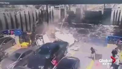 Brake failure causes RV to launch onto a departing ferry