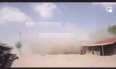 Booby trap IED left behind by al-Shabaab militants explodes during an interview with General Bihi from the SNA at a recently liberated village, January 18 2023. (Credit: @pb.incident.tracker instagram)