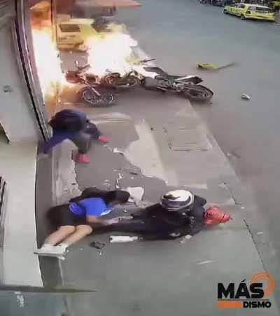 Motorcycle explodes on impact during crash