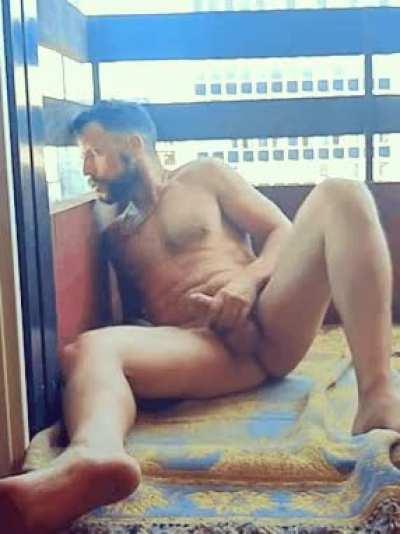 Spying on my neighbor jerking off near the window.