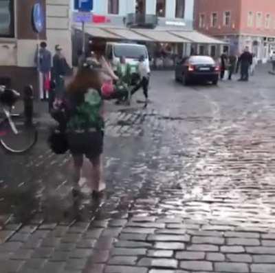 Jumping on a slippery patch of the street