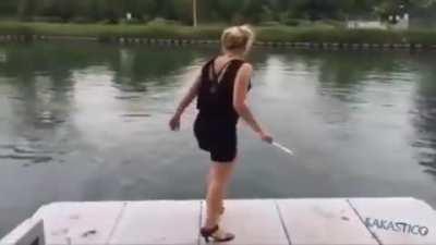 Jumping off of a dock in high heels