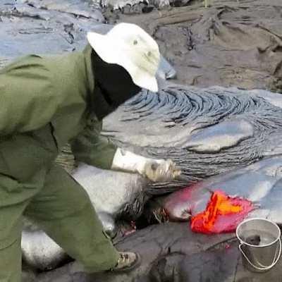This is how geologists collect lava samples from an active volcano