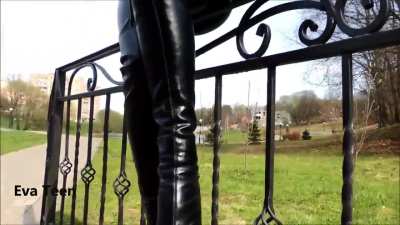 Eva Waking in Thigh High Black Heel Boots