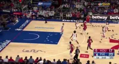 [Highlight] Joel Embiid runs the fast break, eurosteps around the Rockets defense, and throws down the massive slam!