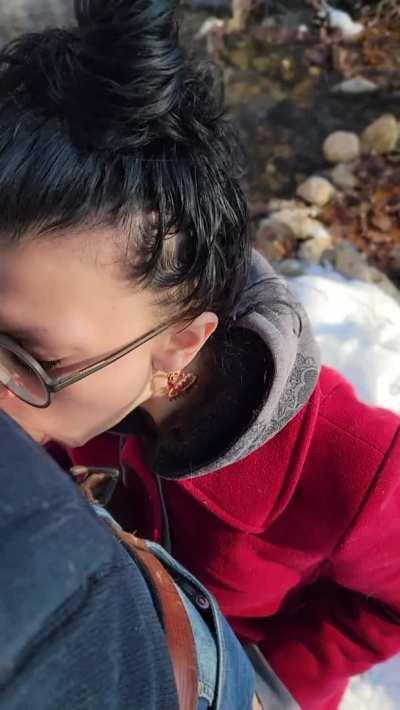 Snowy Sunday morning walk by the creek - with a quick pause for my favourite activity. . .