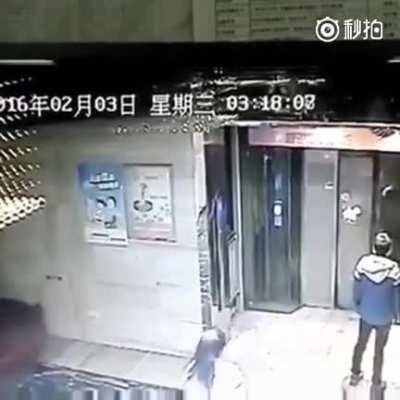 Karate kicking the elevator