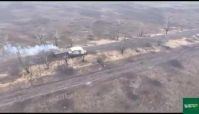 Russian MT-LB Hits Mine, Subsequently one Crew is Assisted in Perishing by Drone Dropped Grenade.