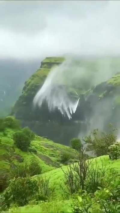 A waterfall floating back up