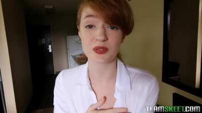 Hotel maid Abbey Rain talked into having a blowjob and gets fucked afterwards