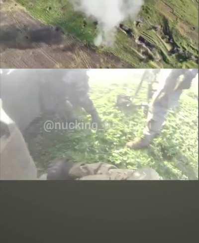 Ukrainian HMMWV hitting AT mine. 3 different angles synchronized. Drone, Gunner POV, 2nd hmmwv POV.