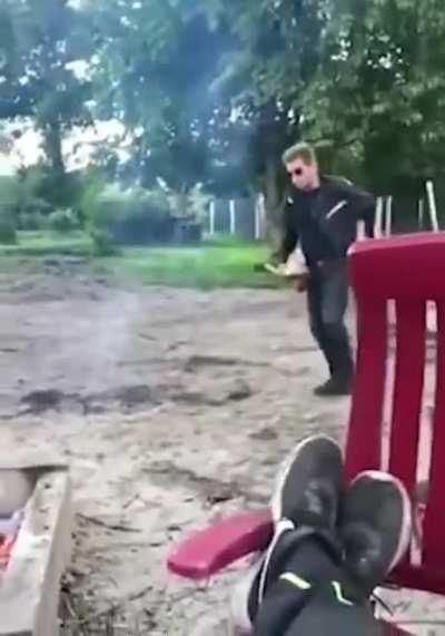 Drunk burns himself a little.