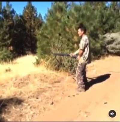 Dude tries to use his crotch to absorb recoil of a gun