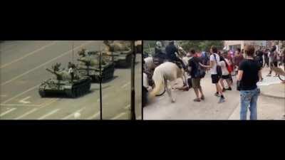 America loves tank man. US police has been reenacting tank man for the last several days. Here is an updated compilation