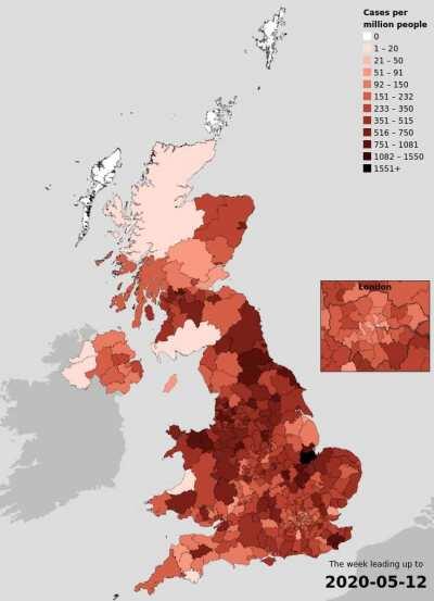 [OC] Animation of Coronavirus spread in the UK - 1st Feb to 9th Oct