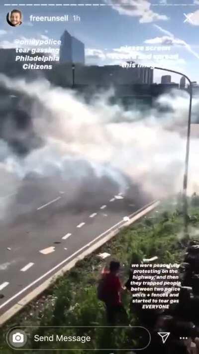 Group of protesters on the Vine St. Expressway, Philly trapped between two police units and fences, getting tear gassed and trampling each other
