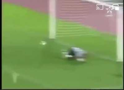 Goalie brags about his save before making sure the ball is out