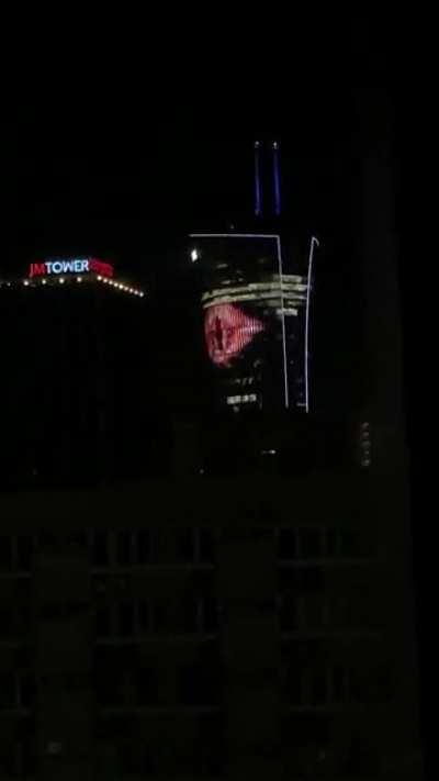 The Eye of Sauron being displayed on the Samsung building in Warsaw