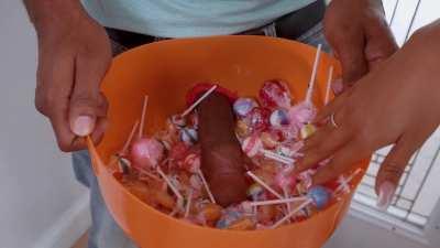 skyla gets some candy and a hard chocolate bar