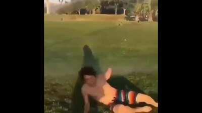 guy thinks it’s a good idea to run on wet grass