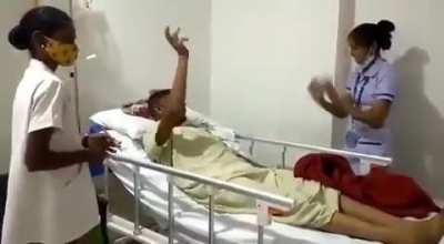 While dancing cleverly, the paralyzed patient got the physiotherapy exercise done by filling enthusiasm.