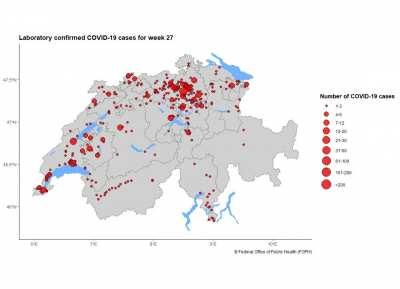 Covid numbers over time visualized on Swiss map.