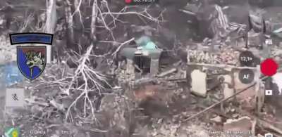 Ukrainian soldier plants a TM-62 mine on top of a Russian position, seeing it explode when a Russian soldier peeks out. In Lysivka near Pokrovsk. January 2025