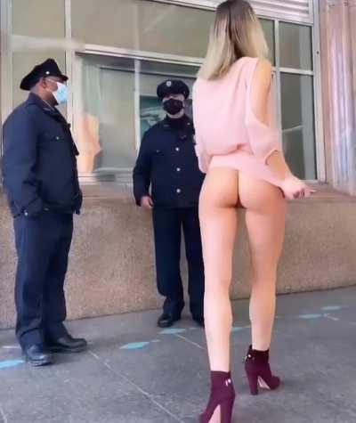Flashed her ass in front of men in uniform in public