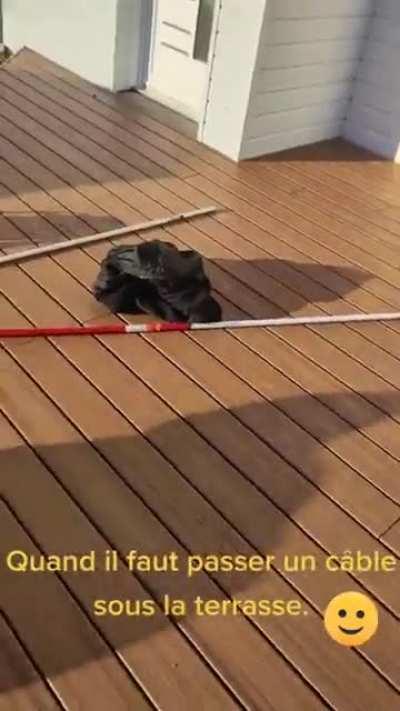 На башорге такое было, только с таксой. Когда нужно протащить провод под террасой