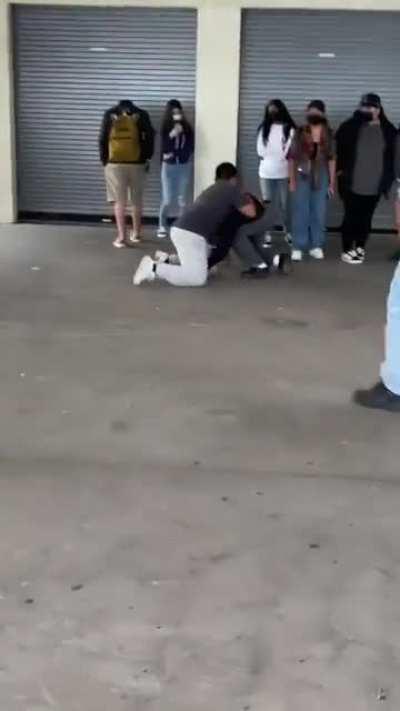 Guy in black jacket is my friend, and the dude in the gray sweatpants started attacking him because my friend started dating his crush.