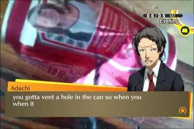 Adachi crushes a dr. pepper can with slats of wood