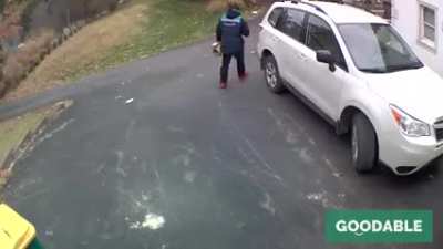 This Amazon driver went to a house to deliver packages, when he saw their trash bins were still on the street. So he brought them in. Then, he went merrily on his way. Wait for it.
