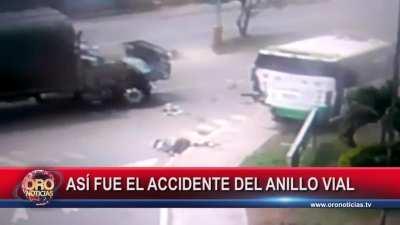 bus rear ended by truck causing it to hit two pedestrians