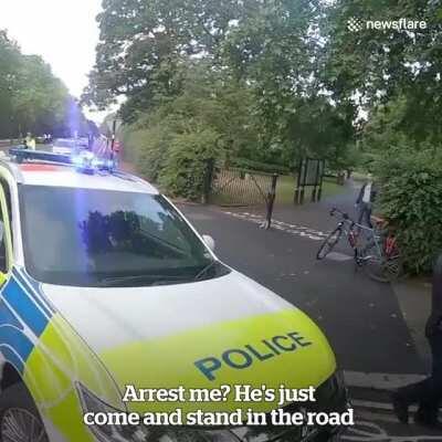 Tries to break the rules of the road and then hit someone with his car, swiftly arrested