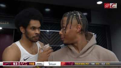 [Highlight] As Jarrett Allen creeps in during Isaac Okoro’s post game interview, Okoro stops himself with the “Pau-“