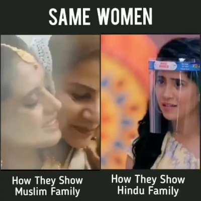 Same actress as Muslim Gaurdian -presented as a Liberal mother in law who accepts her pregnant bahu Same women as Hindu guardian - presented as a regressive mother in law who objectifies her bahu We all know what reality is. You know the level of brainwas