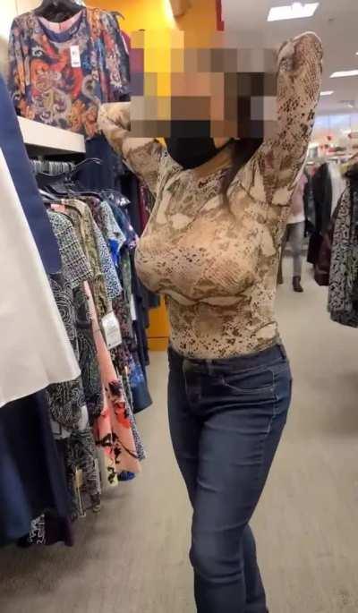 Asian Hottie Doing A Little Holiday Shopping in a Sheer Bodysuit