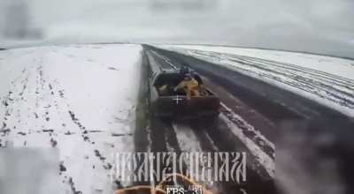 Fiber-optic FPV drone strikes a Ukrainian pickup truck with electronic warfare and a sleeping soldier in the back - Kursk 