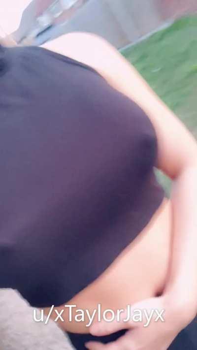 I caught a lot of guys looking at me in this outfit .. Maybe I’ll have to wear a bra next time?