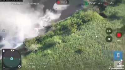 A Russian boat is blown up by a river mine somewhere in the Kherson region. May 2024