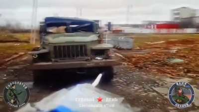 FPV drone waits for woman to throw out her garbage, then strikes a parked military truck - Pokrovsk.