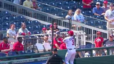 Baseball knocks latch open causing Alcides Escobar to fall through the door.