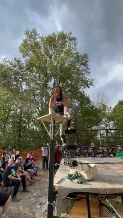 Indy wrestler misses target. Lands on face.