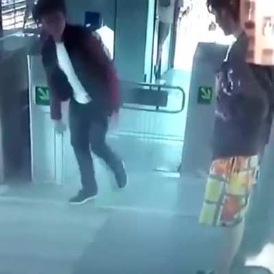 jumping the turnstile to get a free bus ride