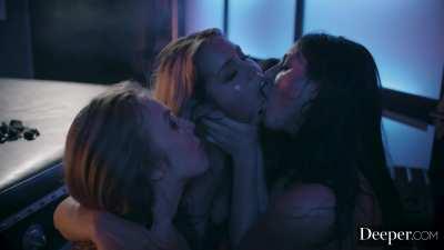 Angela jerking his cock off all over her 3 hot friends, she obviously needs a taste herself though