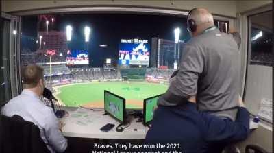 Final out call and reaction of the Braves' radio booth of them winning the NL Pennant. Ben Ingram (left) and Joe Simpson (Right).