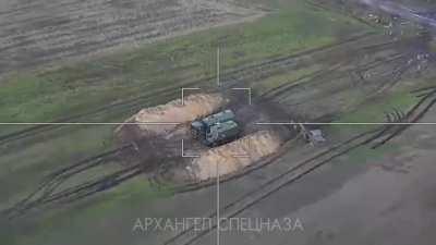RU pov: Lancet drone hits P-18 radar. Kherson direction.