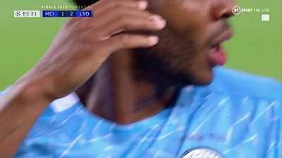 Man City player Raheem Sterling misses a huge chance to put his team level. 1 minute later Lyon makes it 3-1.