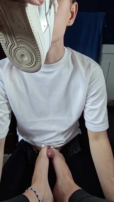 One shoe in his face, toes on his cock 😌