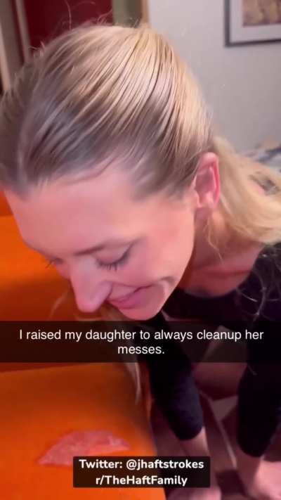 Addison always cleans up her messes, like daddy taught her